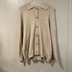 American Eagle Ribbed Button Front Cardigan Women’s Medium – Beige Collared Swea